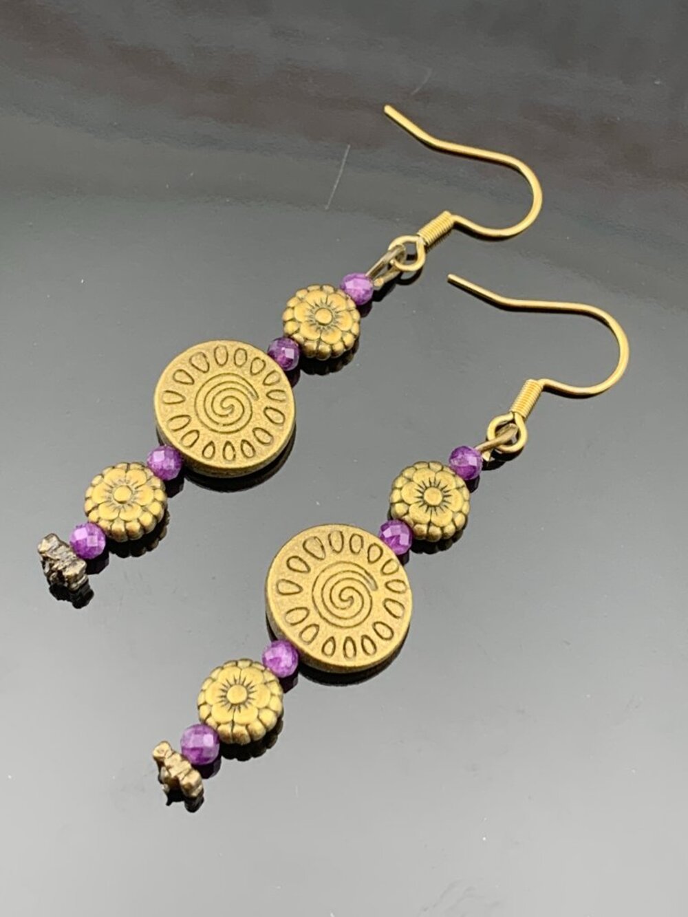 Bronze Color Metal & Amethyst Beads Handmade Handcrafted Earrings LR180